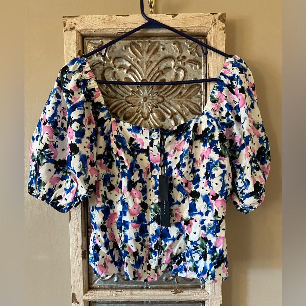 BCBG Floral Puff Sleeve Peplum Top